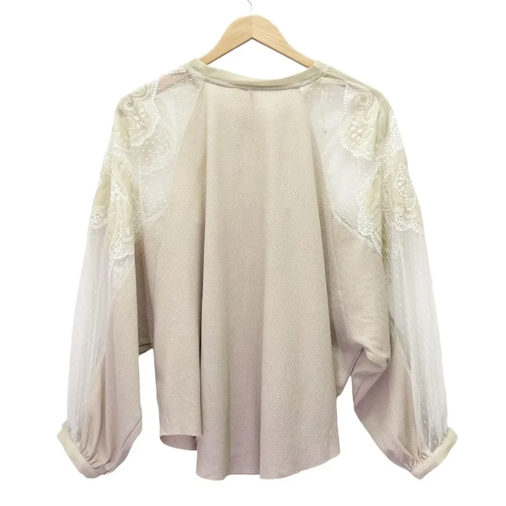 Free People Toni Boho Tunic Beige Lace Thermal Flowy Oversized Top Size Small